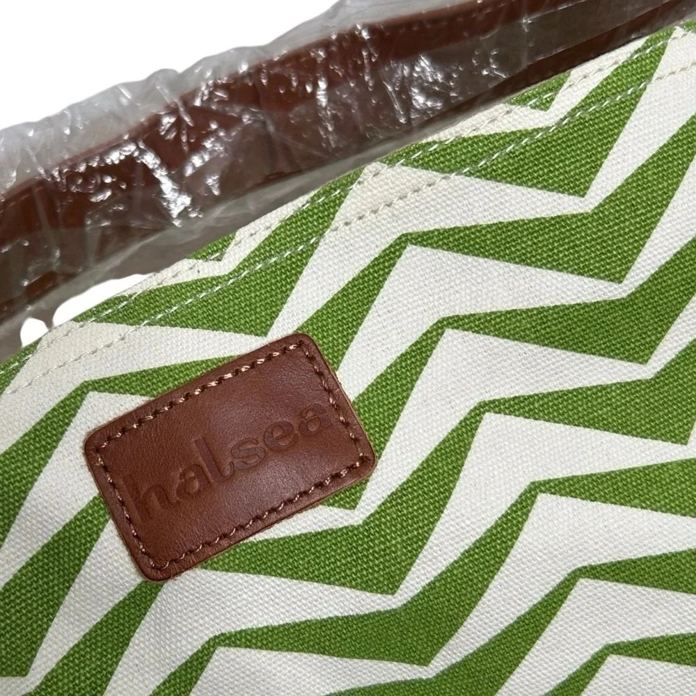 Halsea Dunes Bucket Bag Green Chevron Leather Trim Cotton Canvas Beach Chic Bag